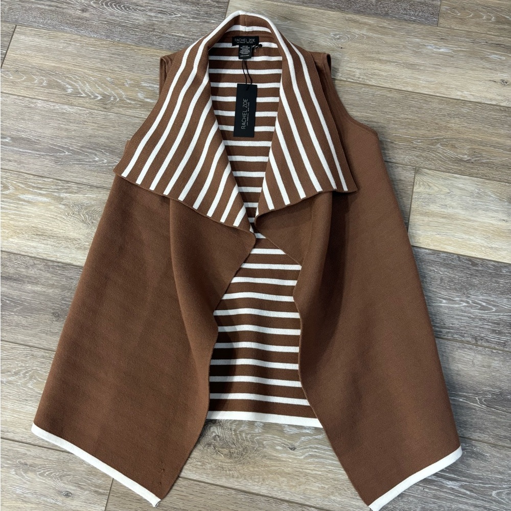 Rachel Zoe Vest One Size Open Cardigan Stripe Sleeveless Quiet Luxury Office NWT